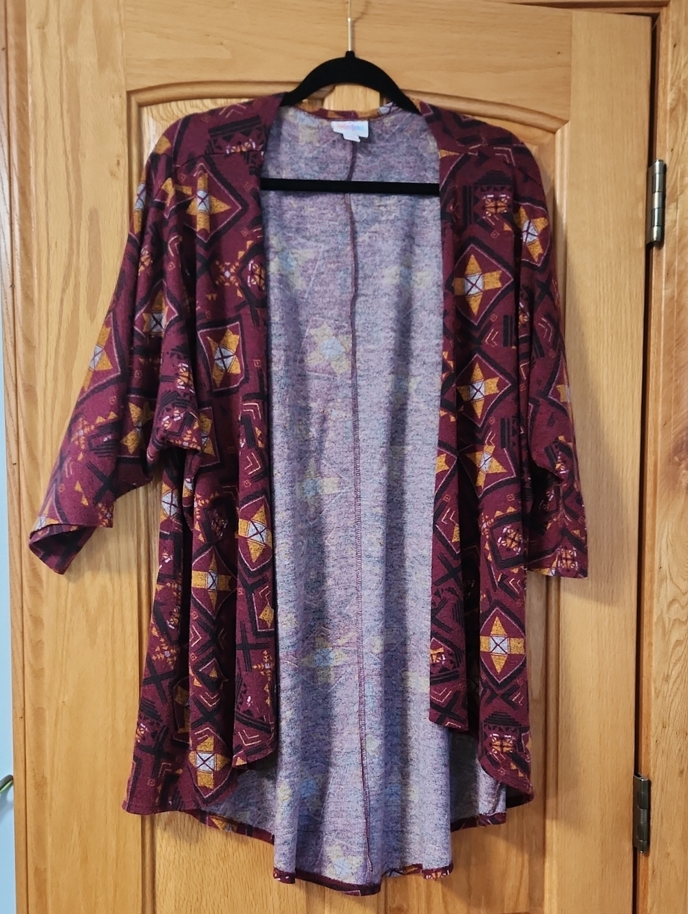 LuLaRoe Open Cardigan in Burgundy with Mustard and Cream Geometric Print